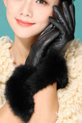 Women Rabbit Fleece Hairy Wrist Coldproof Leather Gloves