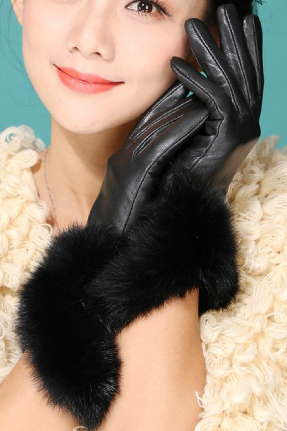 Women Rabbit Fleece Hairy Wrist Coldproof Leather Gloves