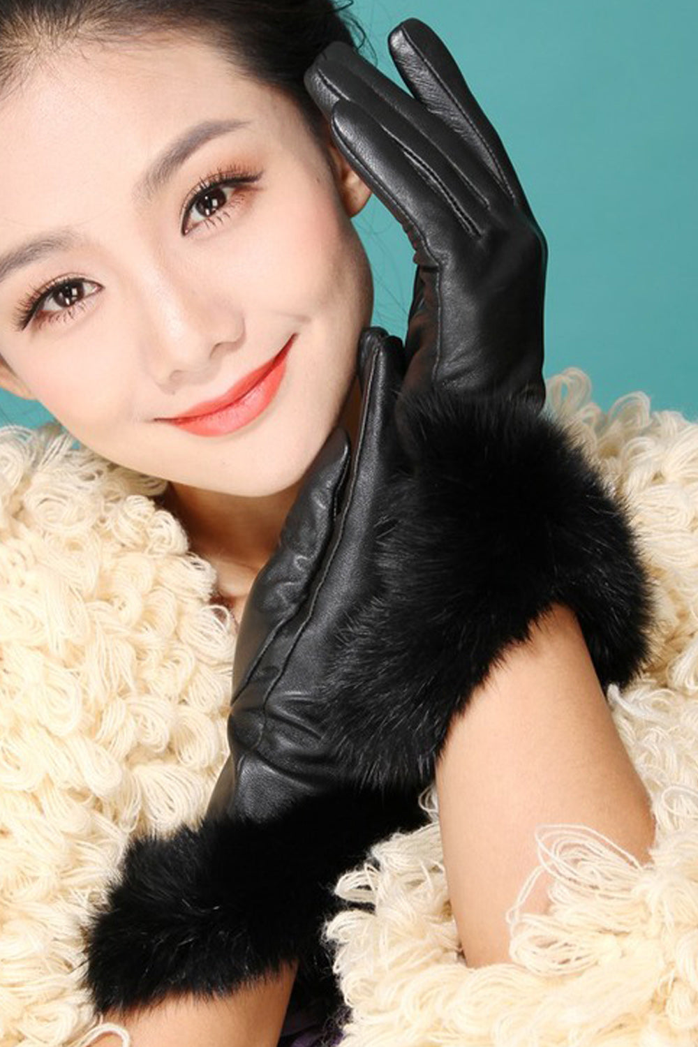Women Rabbit Fleece Hairy Wrist Coldproof Leather Gloves