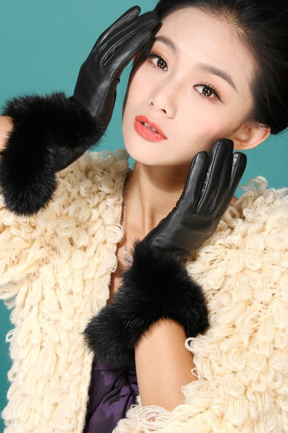 Women Rabbit Fleece Hairy Wrist Coldproof Leather Gloves