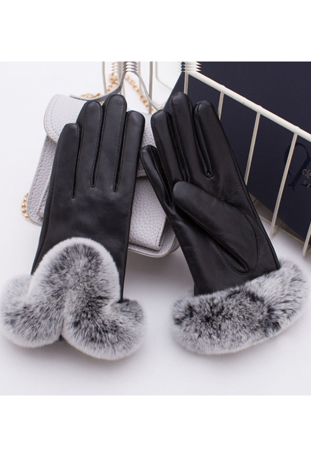 Women Cute Rabbit Hair Decoration Windproof Warm Leather Gloves