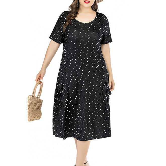 Women Dot Printed Short Sleeve Round Neck Dress