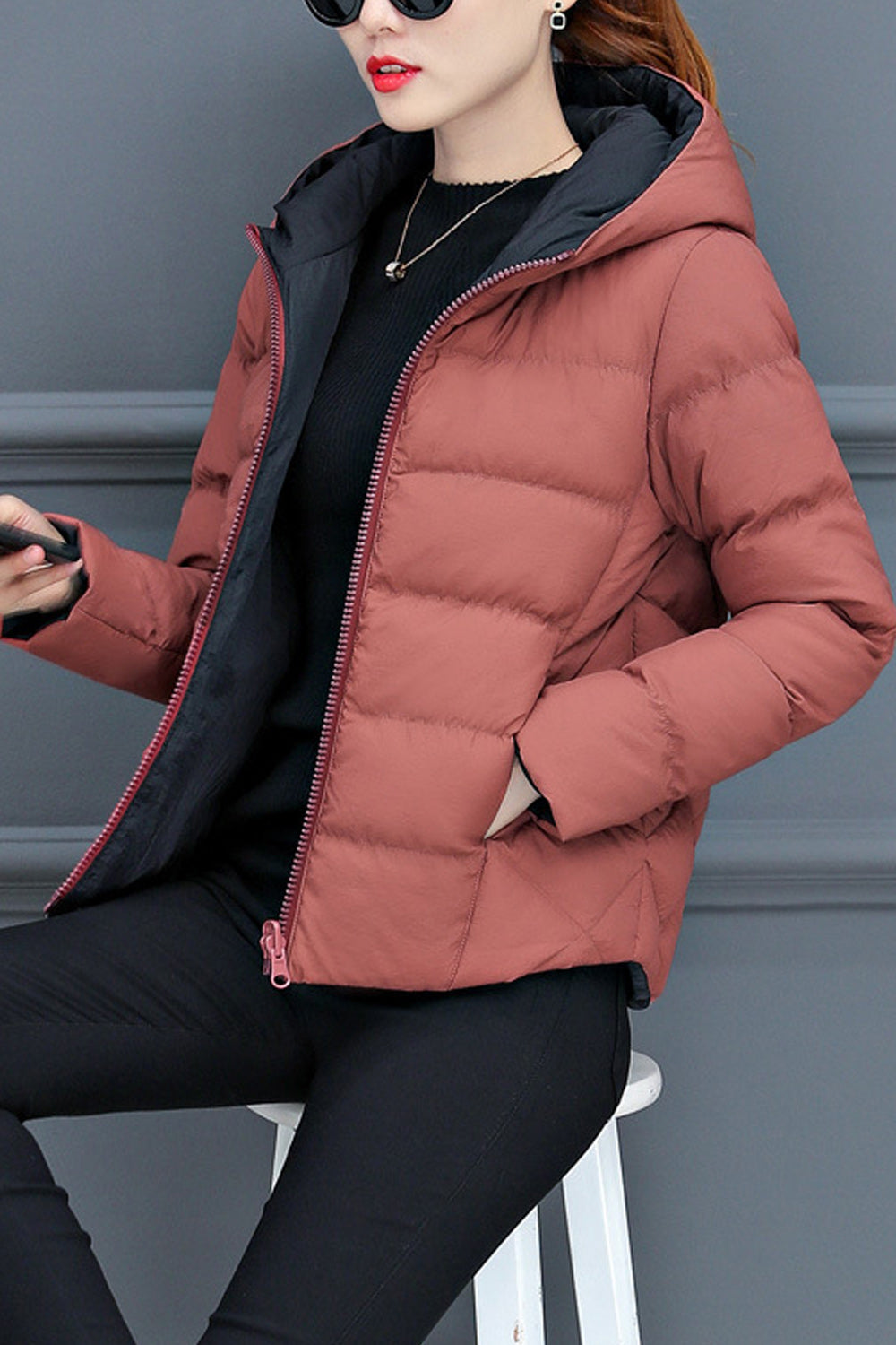 Women Easy Zipper Closure Long Sleeve Hood Style Soft Padded Jacket