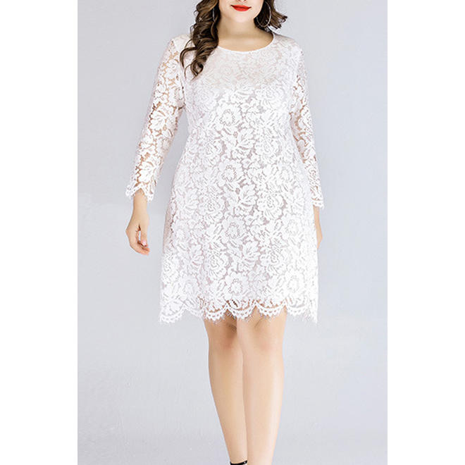 Women Wonderfull Flower Lace Round Neck Solid Color Dress