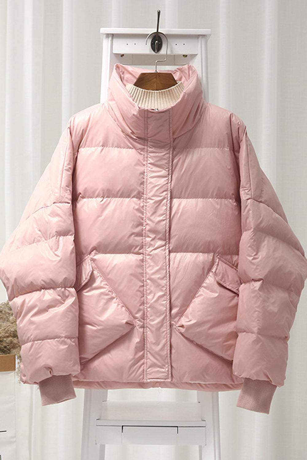 Women Ribbed Cuff Loose Style Solid Colored Stand Collar Padded Jacket
