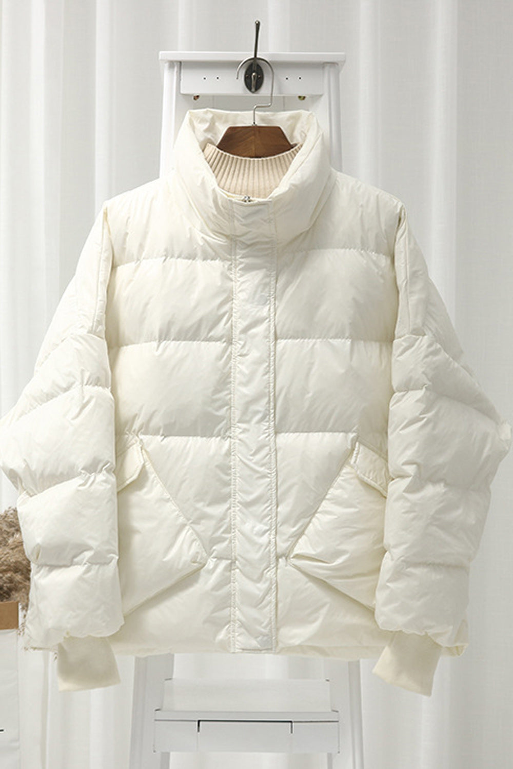 Women Ribbed Cuff Loose Style Solid Colored Stand Collar Padded Jacket