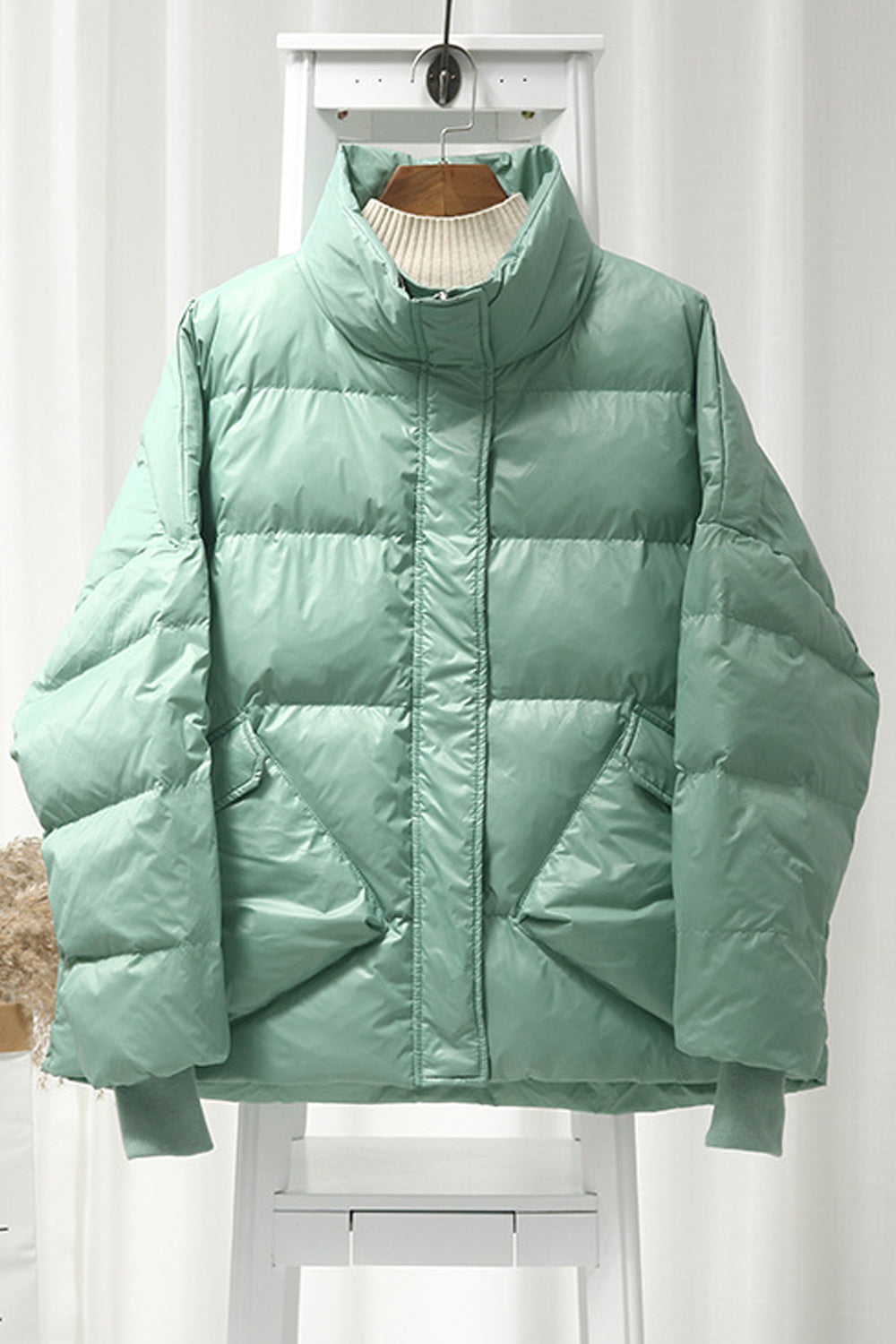 Women Ribbed Cuff Loose Style Solid Colored Stand Collar Padded Jacket