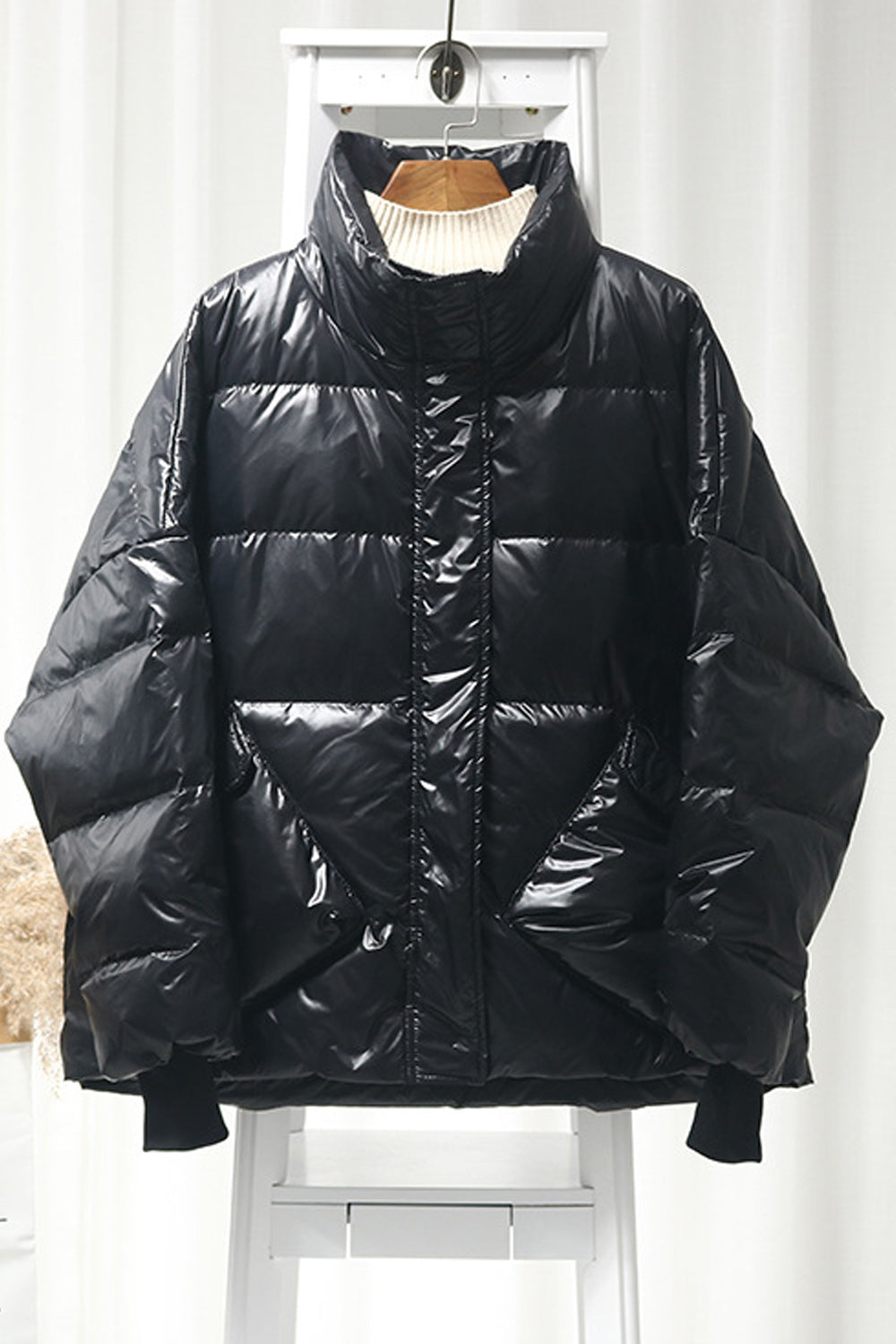 Women Ribbed Cuff Loose Style Solid Colored Stand Collar Padded Jacket
