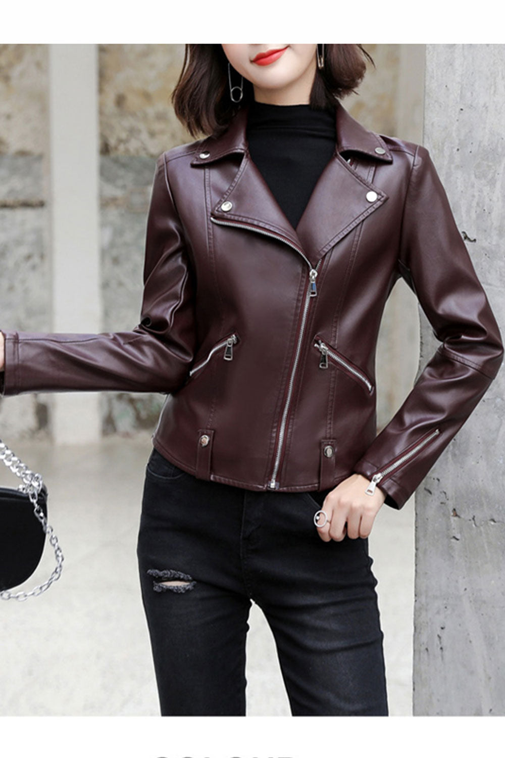 Women Comfortable Zipper Closure Long Sleeve Short Length Leather Jacket