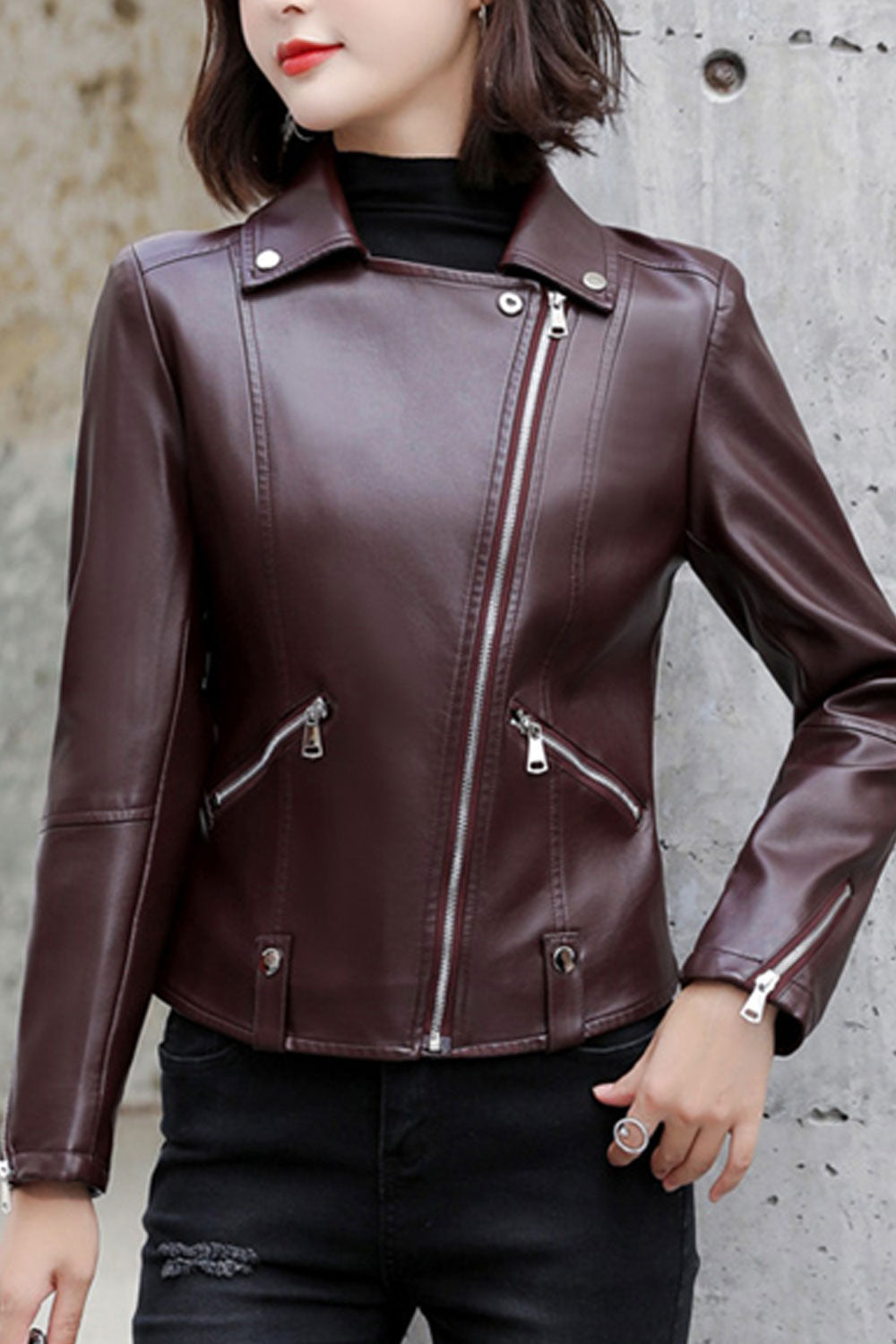 Women Comfortable Zipper Closure Long Sleeve Short Length Leather Jacket