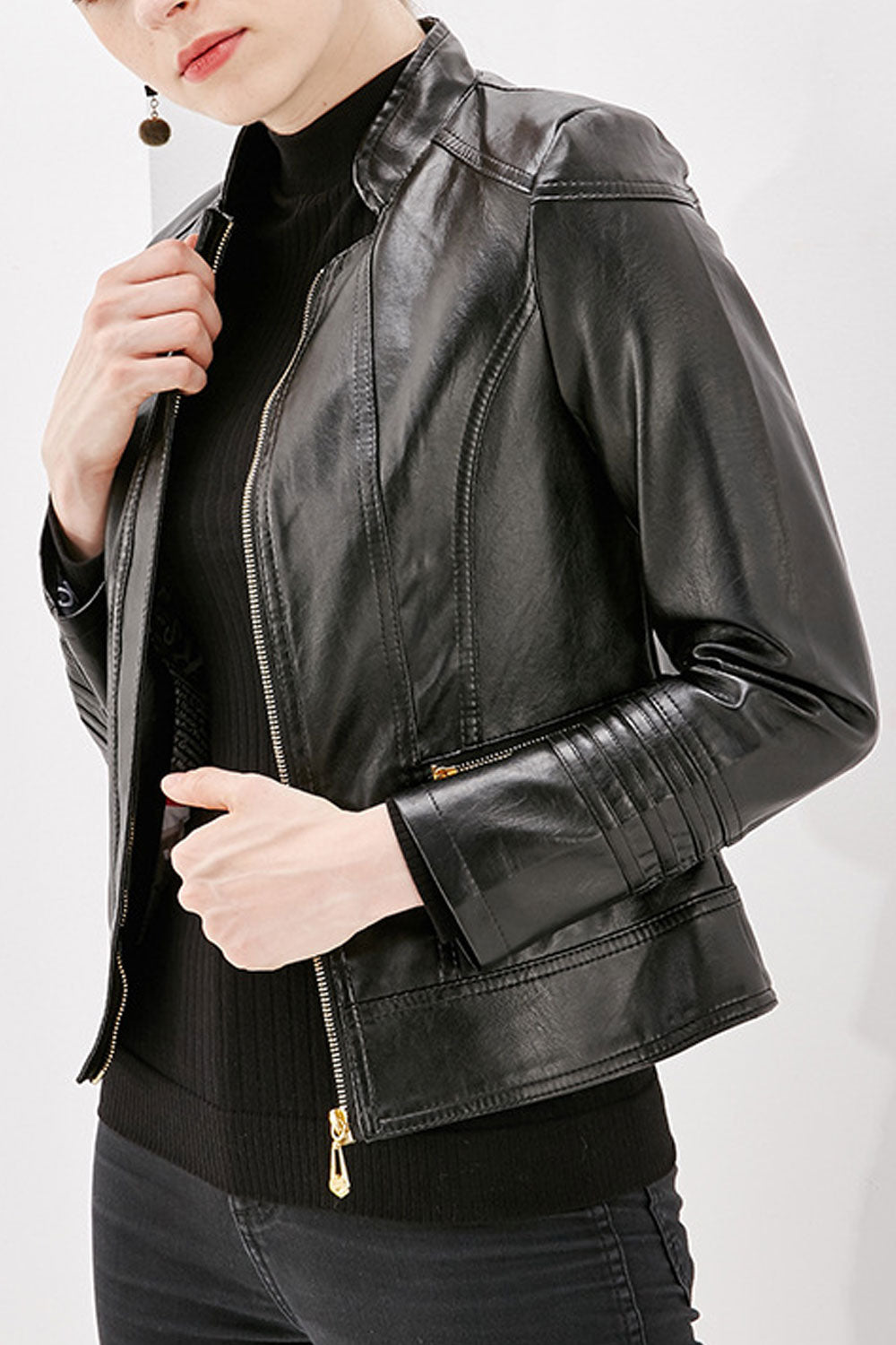 Women Regular Fit Long Sleeve Comfortable Elegant Solid Pattern Leather Jacket