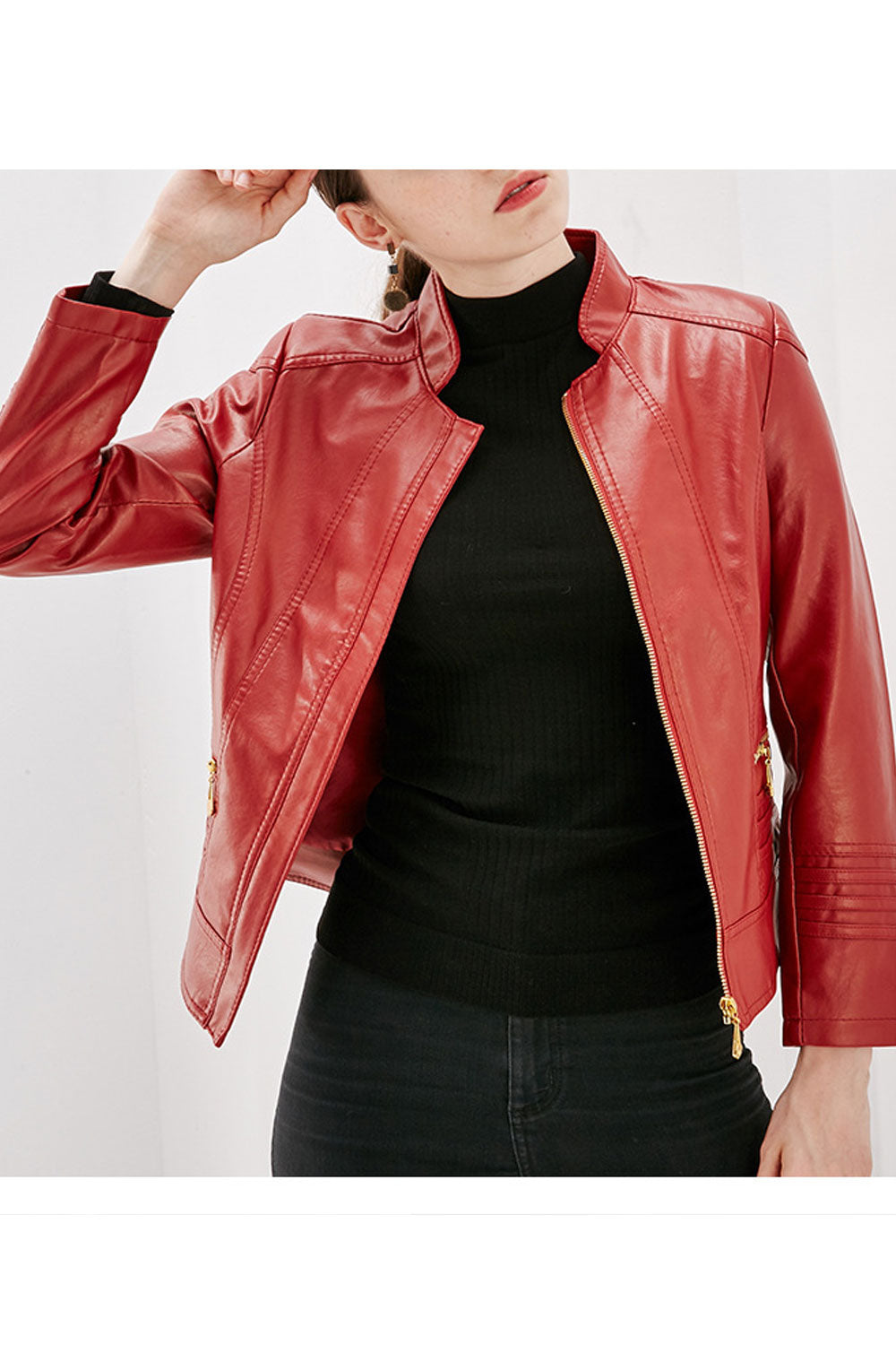Women Regular Fit Long Sleeve Comfortable Elegant Solid Pattern Leather Jacket