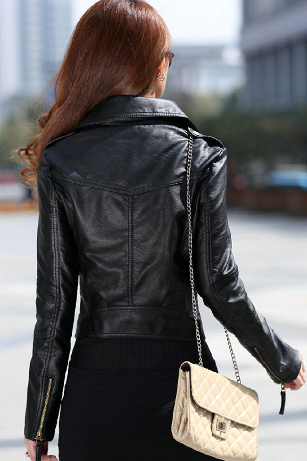 Women Short Length Long Sleeve Collar Neck Slim Fit Leather Jacket