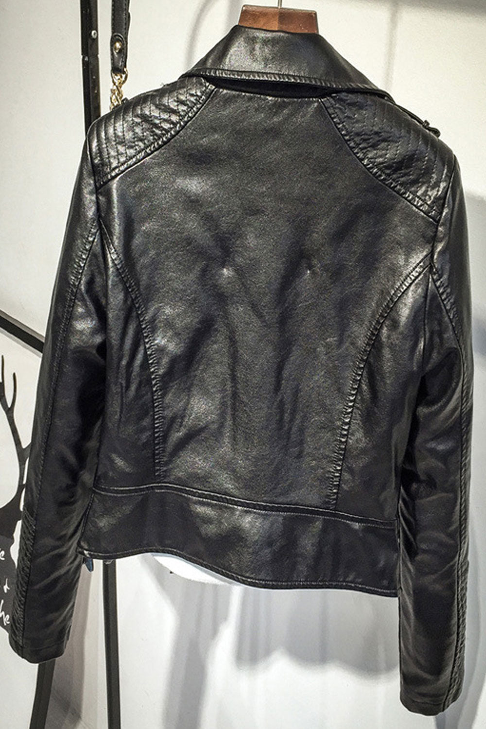 Women Stylish Long Sleeve Warm Pocket Style Casual Leather Jacket