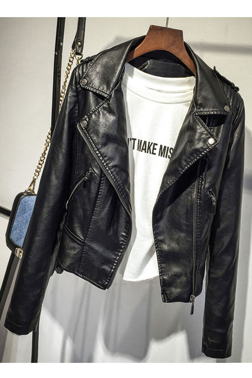 Women Stylish Long Sleeve Warm Pocket Style Casual Leather Jacket