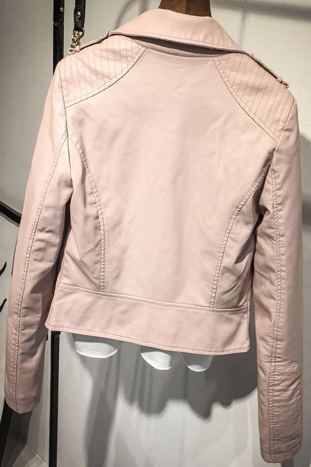 Women Stylish Long Sleeve Warm Pocket Style Casual Leather Jacket