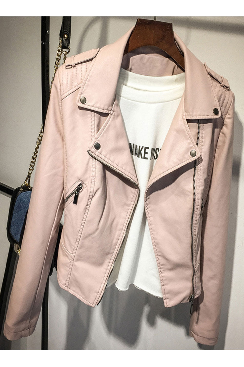 Women Stylish Long Sleeve Warm Pocket Style Casual Leather Jacket