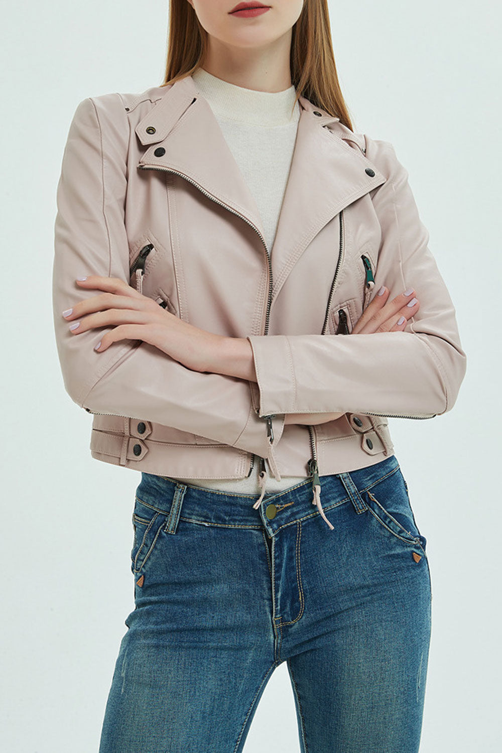 Women Oblique Zipper Closure Solid Pattern Long Sleeve Warm Leather Jacket