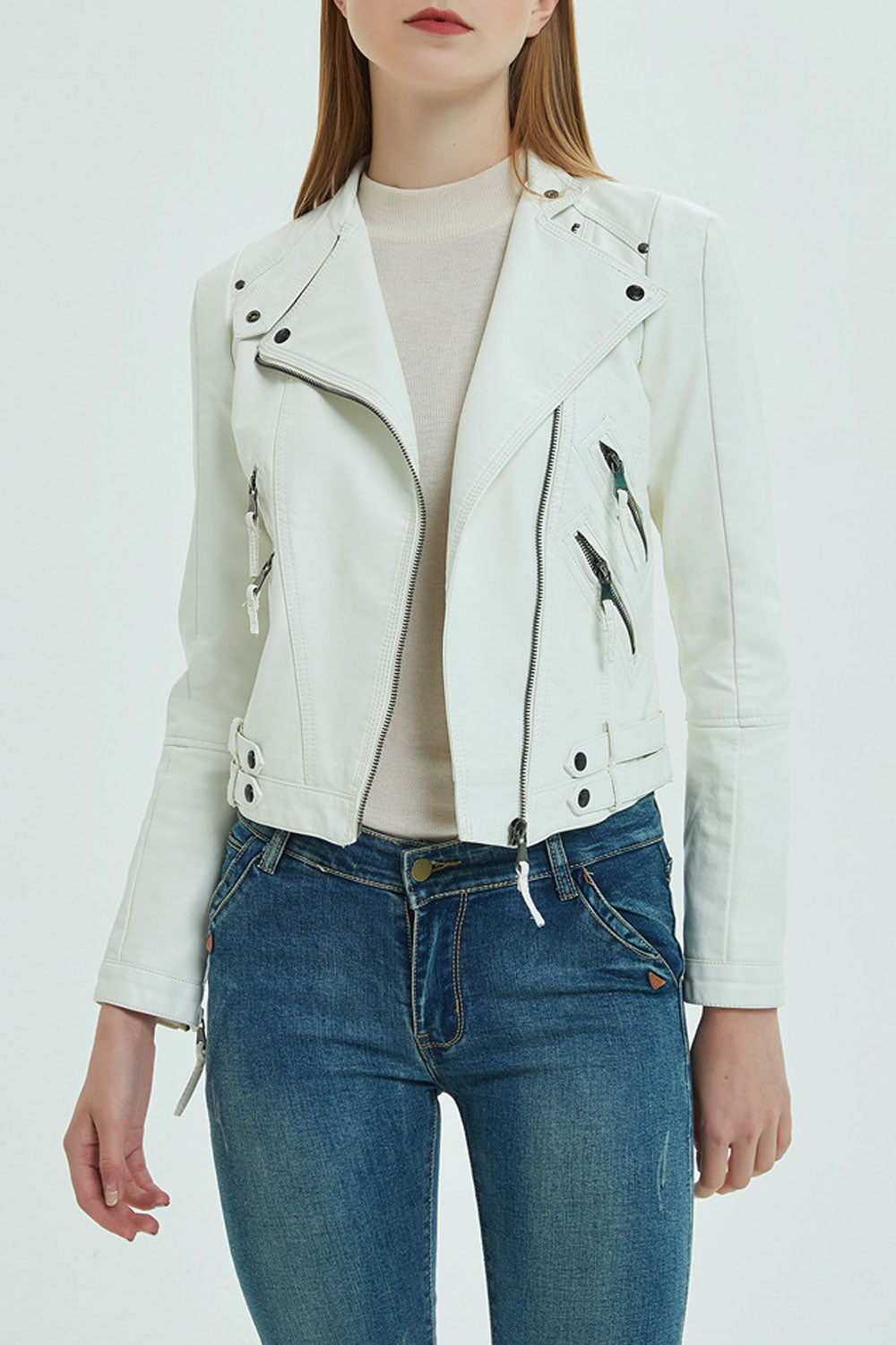 Women Oblique Zipper Closure Solid Pattern Long Sleeve Warm Leather Jacket