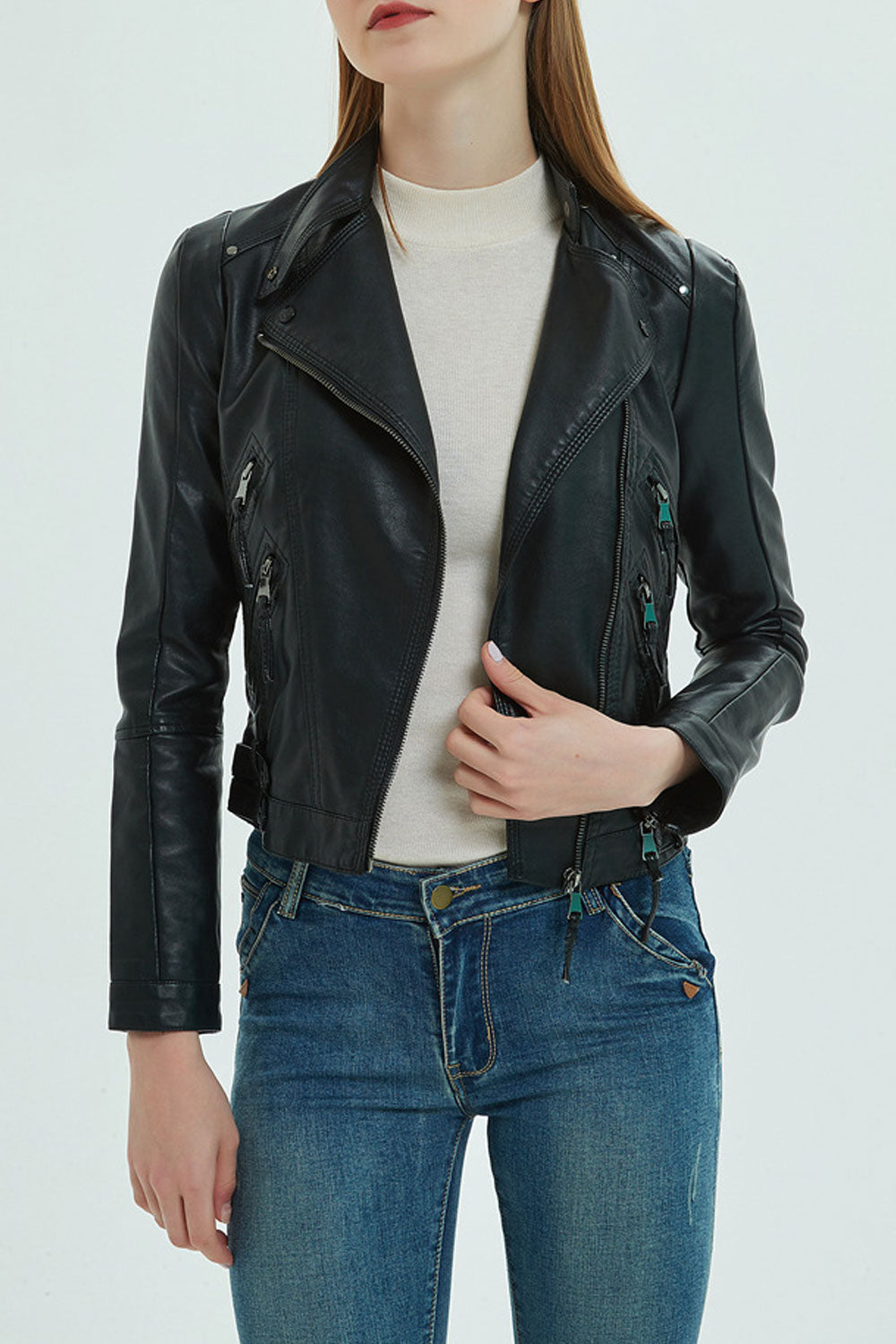 Women Oblique Zipper Closure Solid Pattern Long Sleeve Warm Leather Jacket