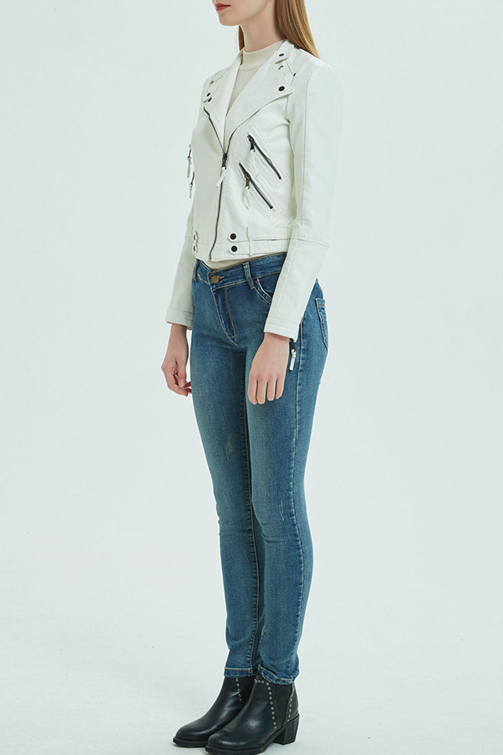 Women Oblique Zipper Closure Solid Pattern Long Sleeve Warm Leather Jacket