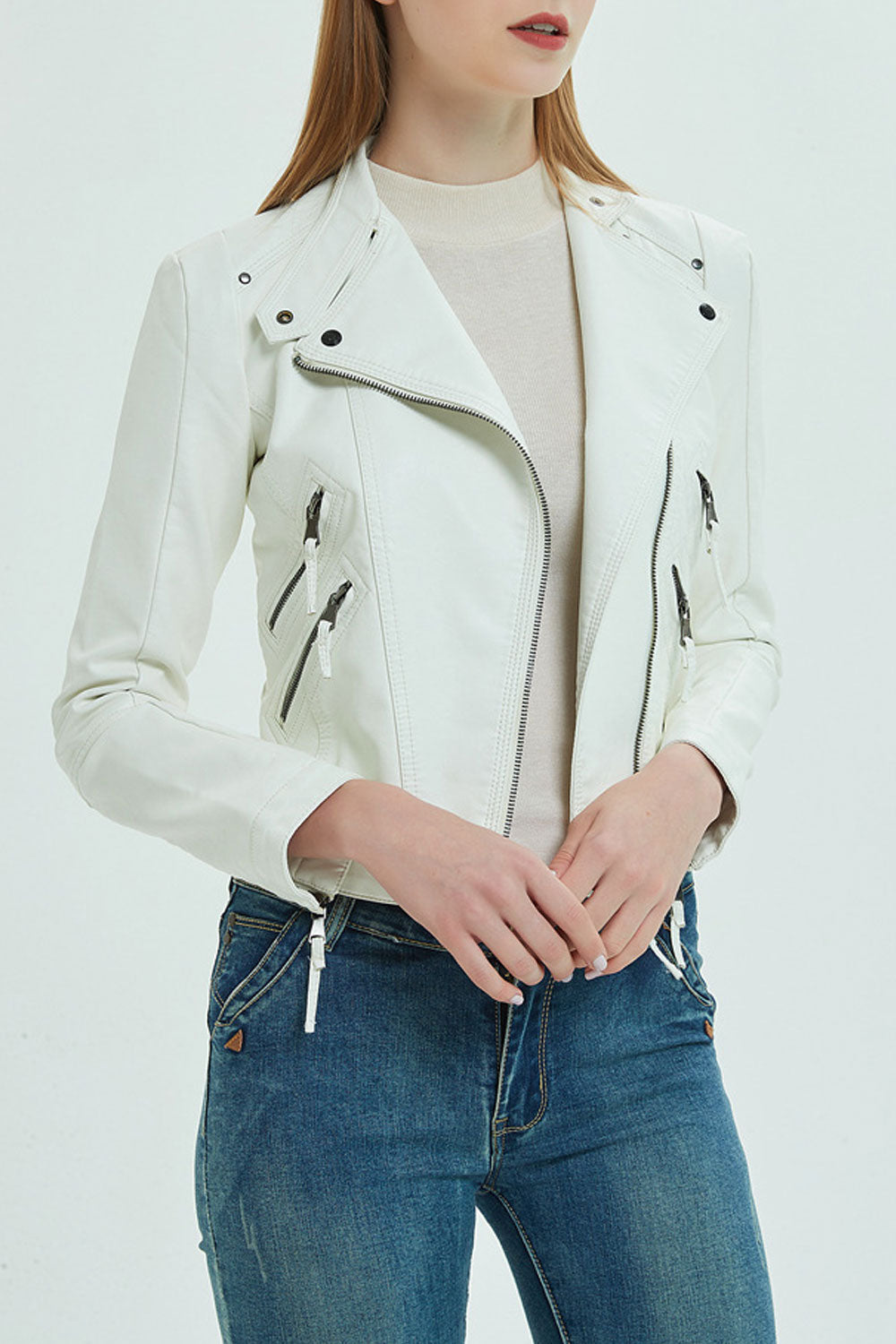 Women Oblique Zipper Closure Solid Pattern Long Sleeve Warm Leather Jacket