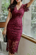 Women Elegant Solid Color Short Sleeve Slim Fit Floral Lace Dress