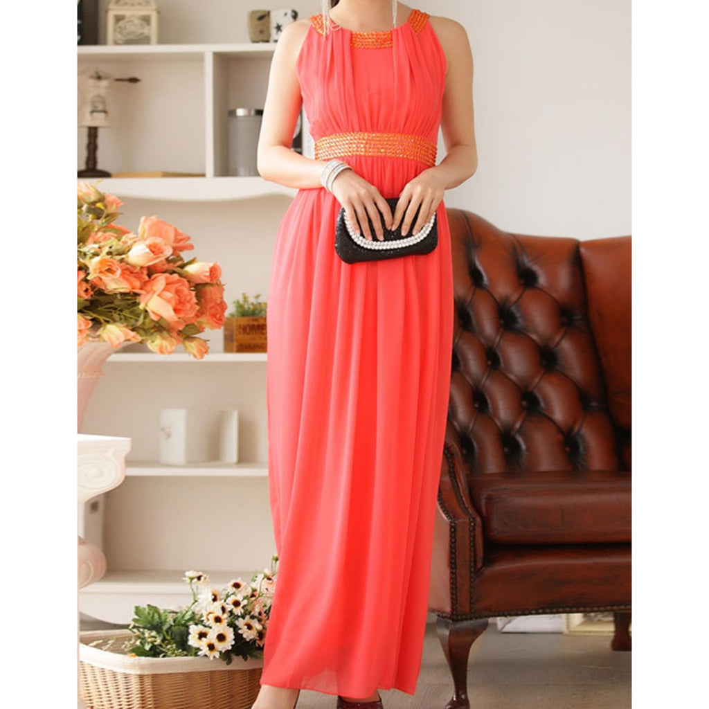 Women Round Beads Stitched Neck Prom Night Dress Orange