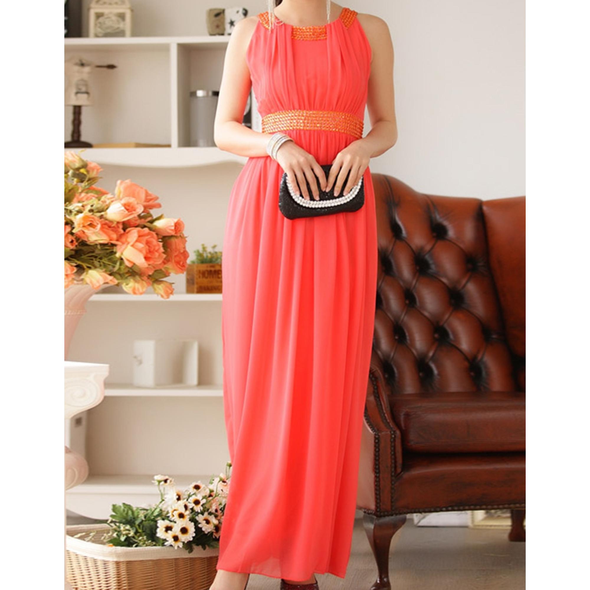 Women Round Beads Stitched Neck Prom Night Dress Orange