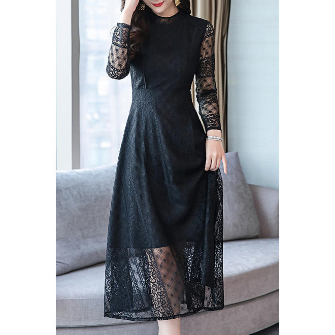 Women Crochet Details Long Sleeve Lace Dress