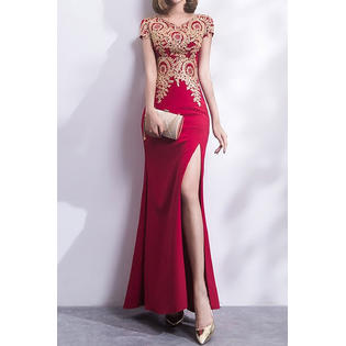 Women Elegant Embroidered V-Neck Cap Sleeve Slim Waist Super Party & Wedding Split Style Dress