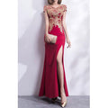 Women Elegant Embroidered V-Neck Cap Sleeve Slim Waist Super Party & Wedding Split Style Dress