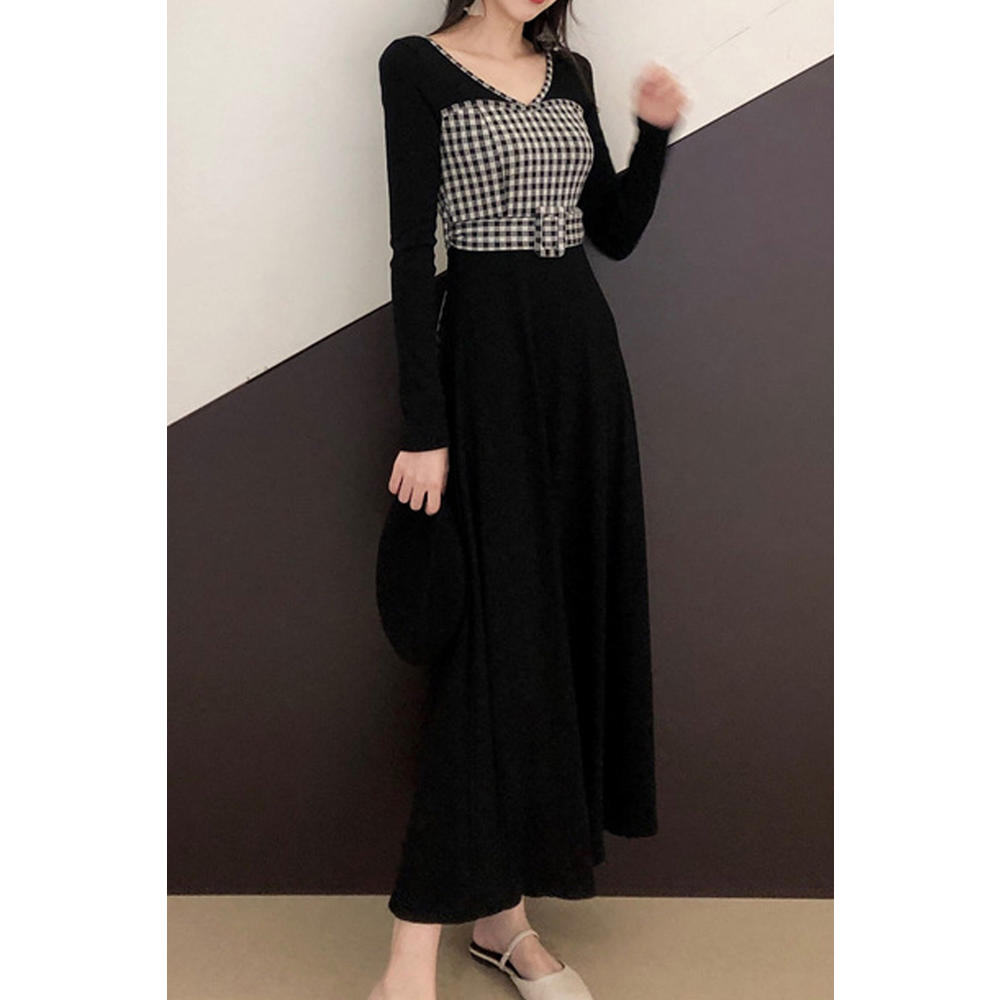 Women High Waist Plaid Pattern Long Skirt Dress