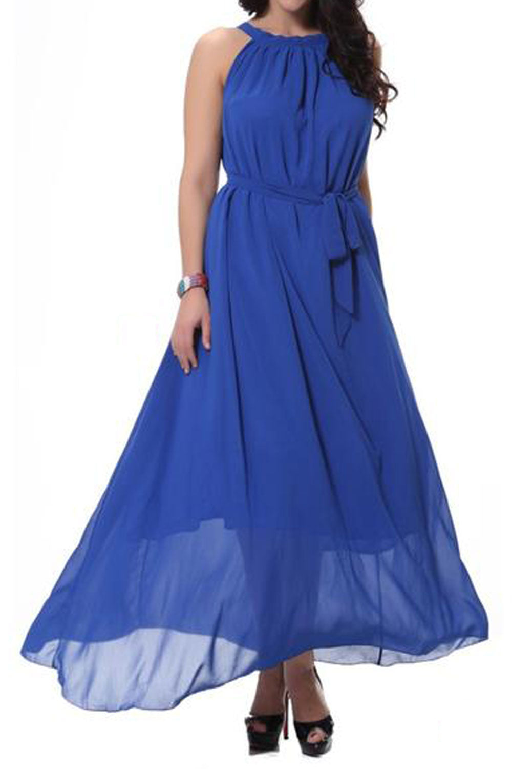 Women Sleeveless A-line Chiffon Plus Size Dress Blue