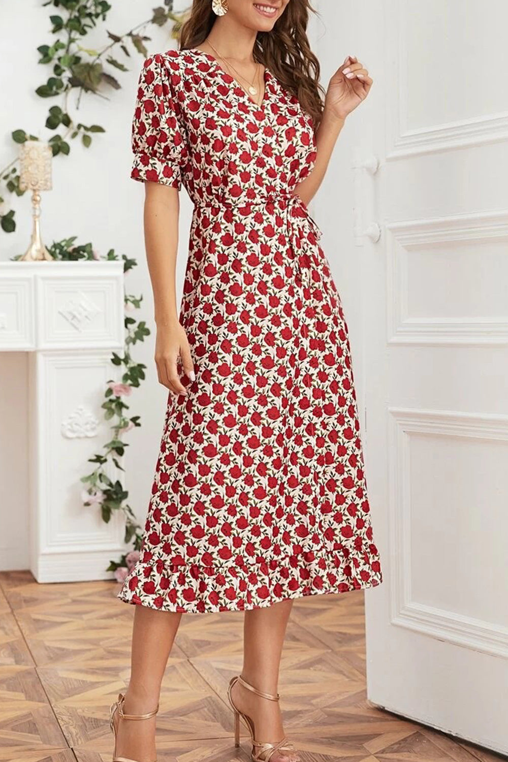 Women Convenient Short Sleeve Awesome Printed V-Neck Breathable Dress