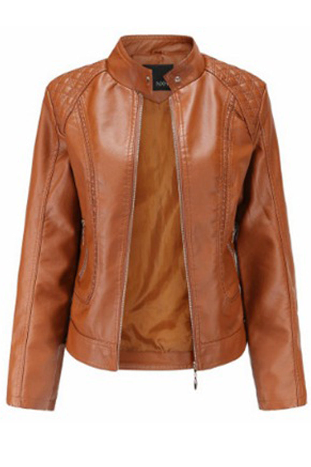 Women Stand Up Collar Long Sleeve Thick Classic Leather Jacket