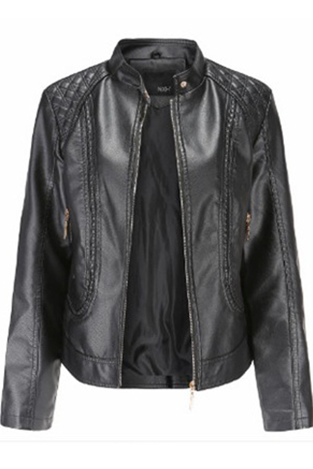 Women Stand Up Collar Long Sleeve Thick Classic Leather Jacket