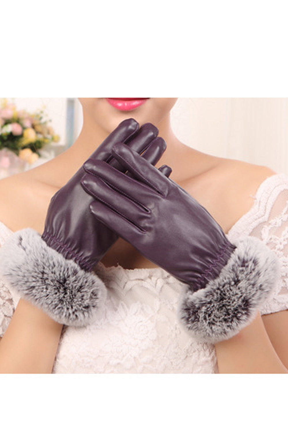 Women PU Leather Thick Windproof Decorated Winter Gloves