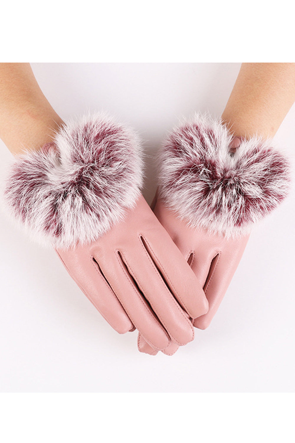 Women Beautiful Soft Hair Ball Decorated Warm PU Gloves