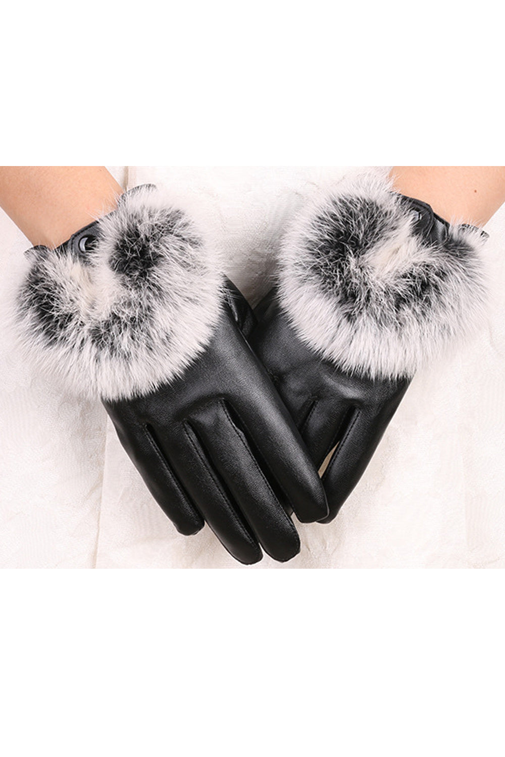 Women Beautiful Soft Hair Ball Decorated Warm PU Gloves