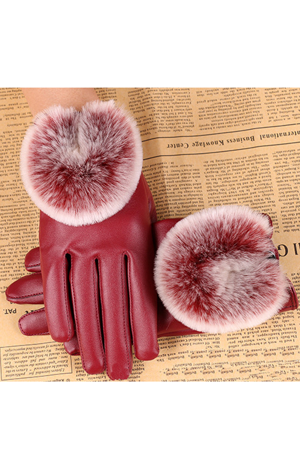 Women Soft Hair Ball Decorated Stylish Cozy PU Gloves