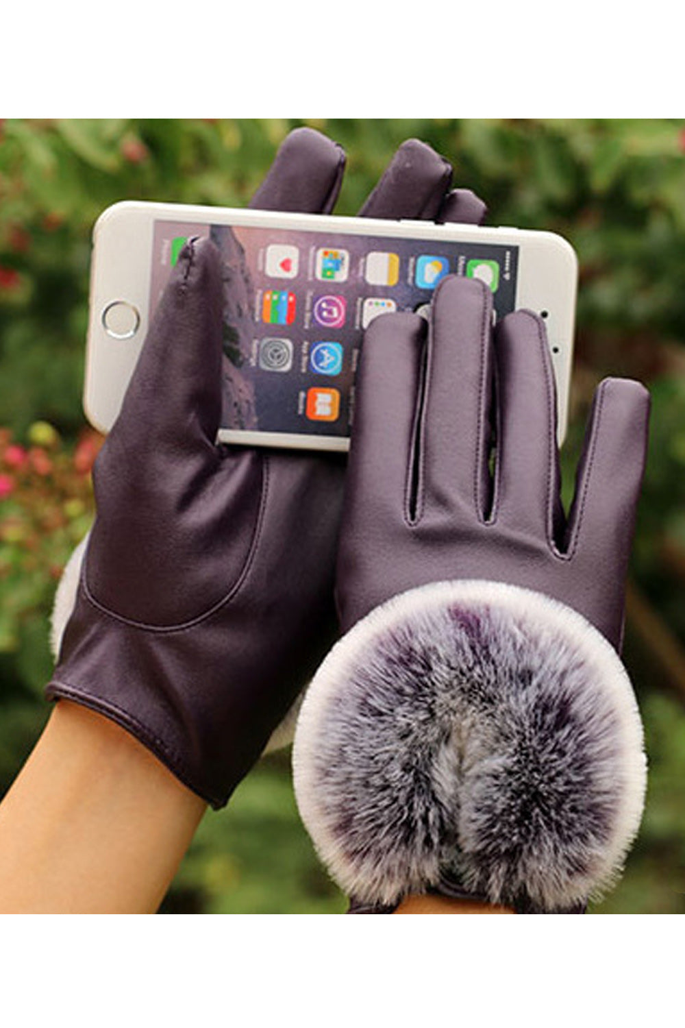 Women Soft Hair Ball Decorated Stylish Cozy PU Gloves