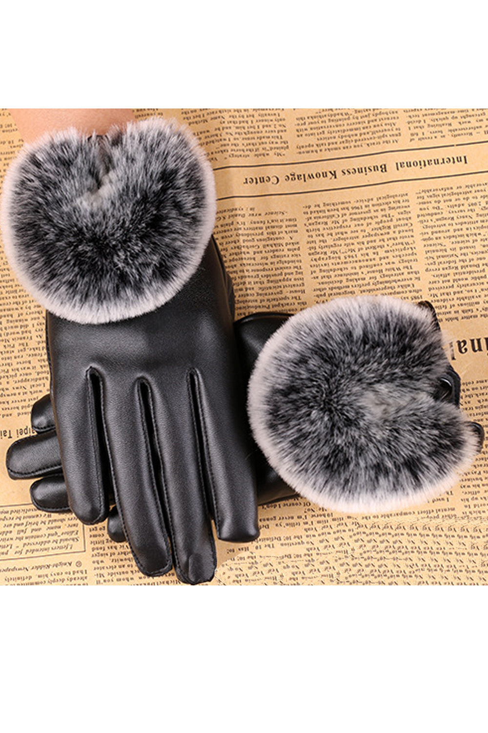 Women Soft Hair Ball Decorated Stylish Cozy PU Gloves