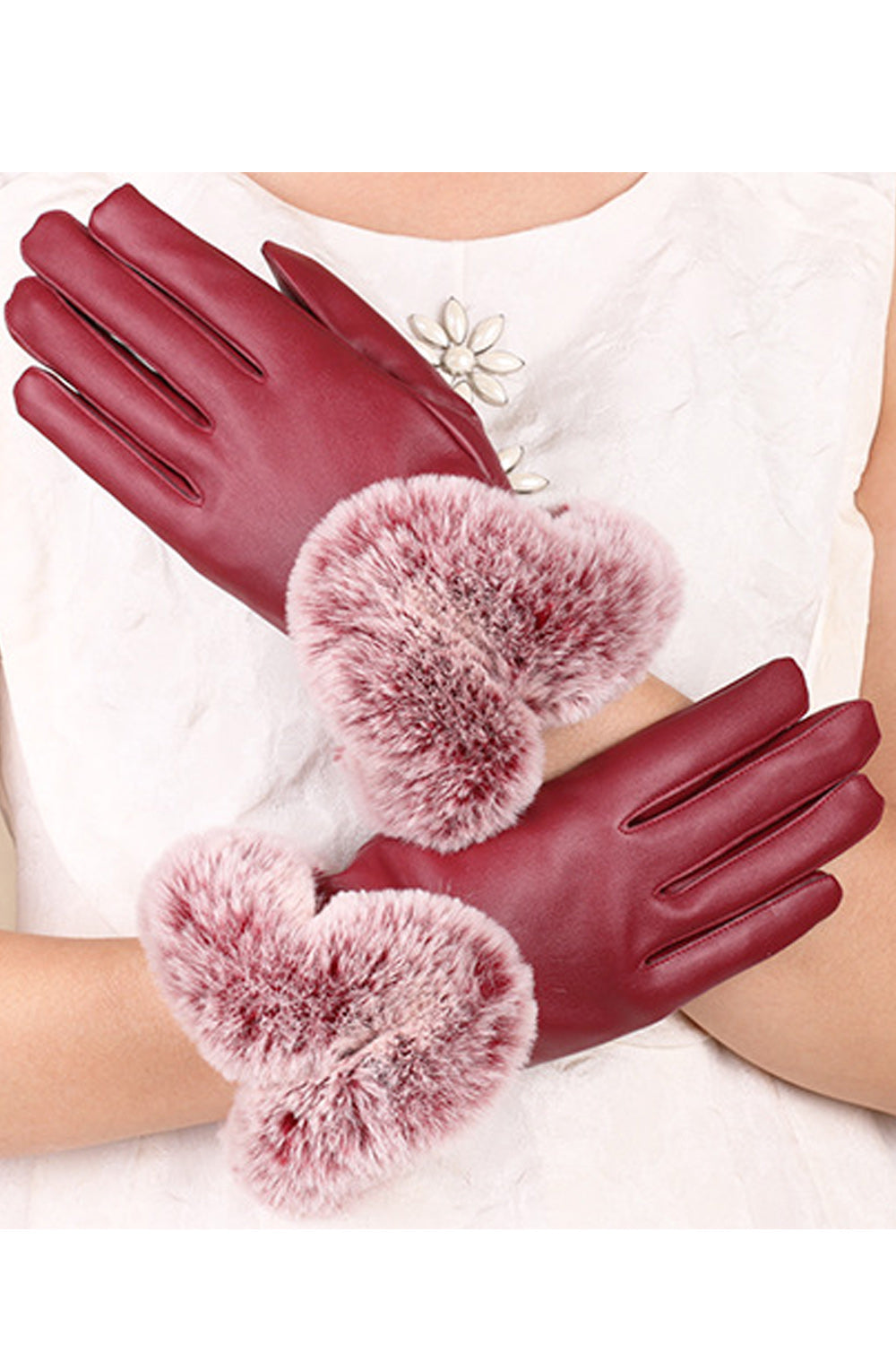 Women Magnificent Styled Solid Colored Cozy PU Leather Gloves