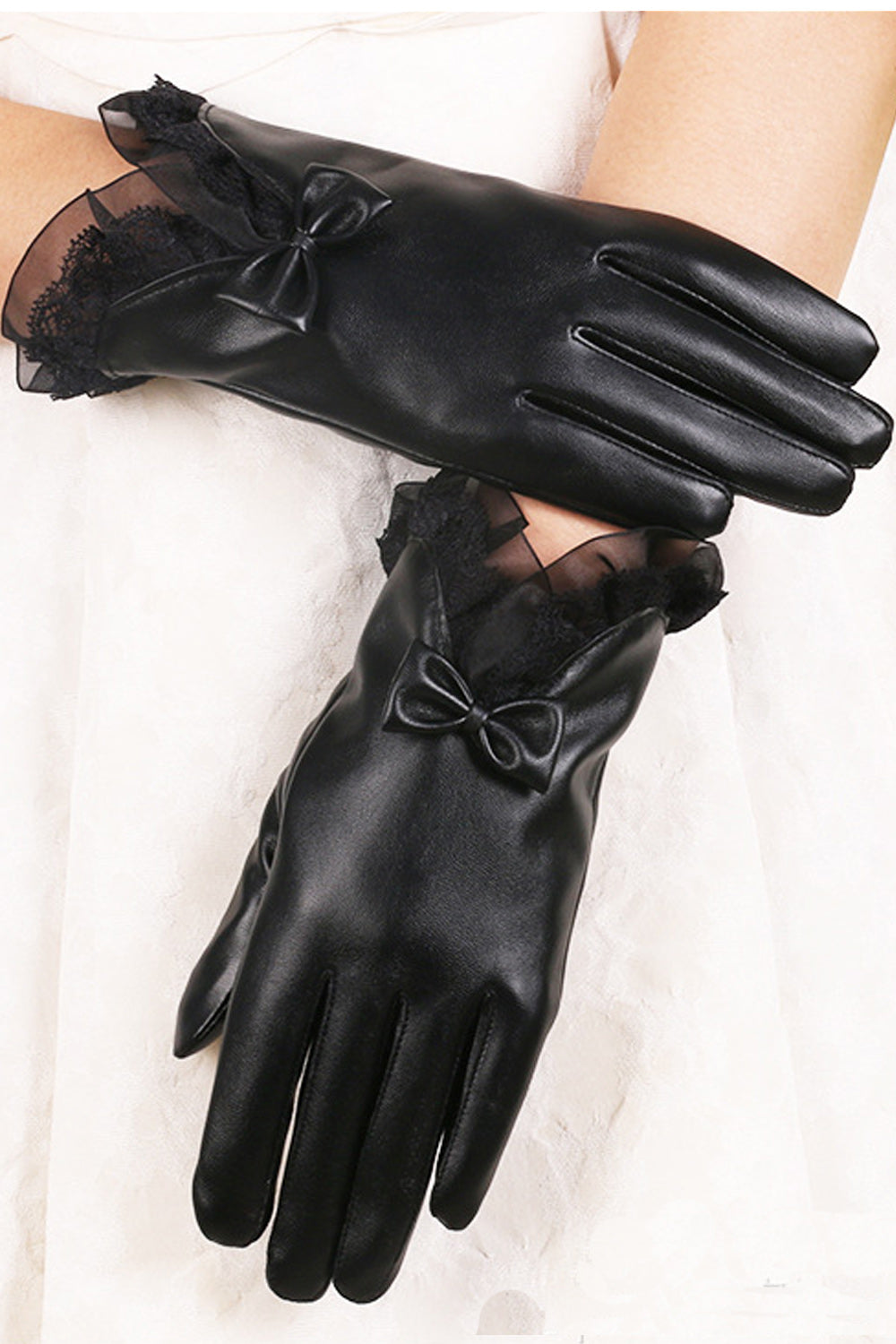 Women Thick Lovely Solid Pattern Stylish PU Leather Gloves