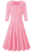 Women Lace Long Sleeve Solid Swing Dress