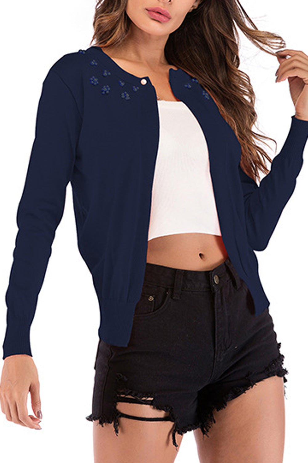 Women Elegant Solid Pattern Round Neck Cozy Long Sleeve Pretty Cardigan