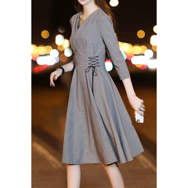 Women V-Neck 3/4 Sleeve Solid Swing Dress