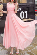 Women Chiffon Long Pleated Skirt Gown Dress White