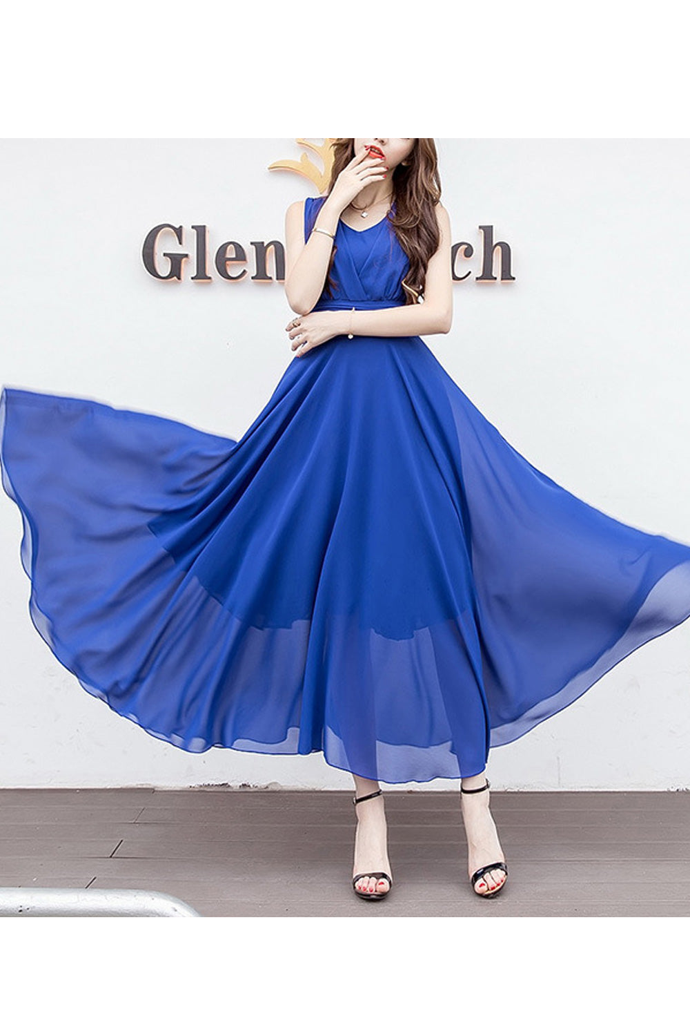 Women Chiffon Long Pleated Skirt Gown Dress White
